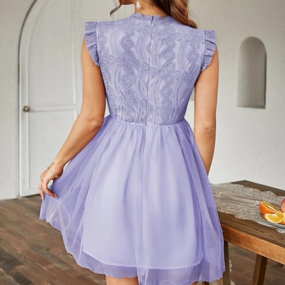 Boho purple lace insert mesh ruffle hem mini dress - Picture 2 of 4